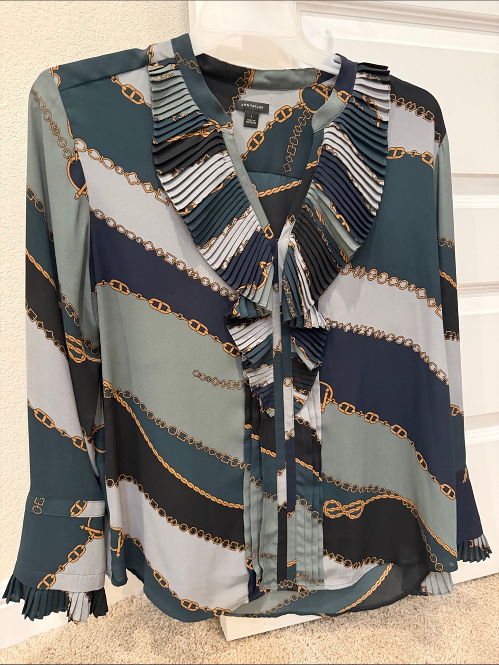 Ann Taylor Teal & Navy Chain-Print Ruffle Tie Blouse